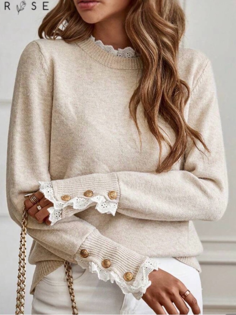 Cream Lace-Trim Crewneck Sweater